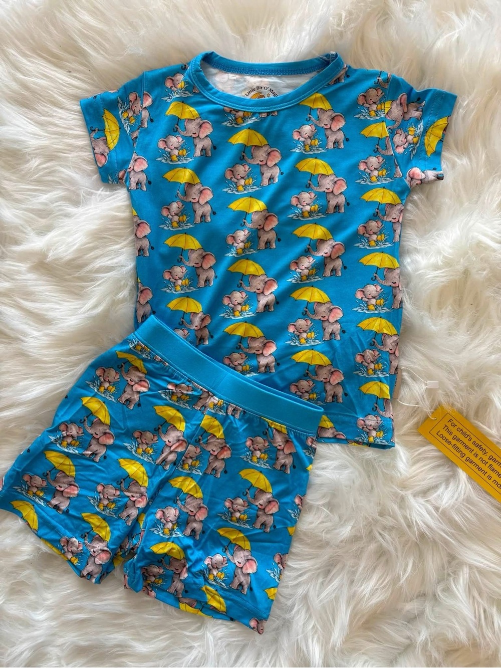Kids Blue Elephant & Yellow Umbrella Pajama Set
